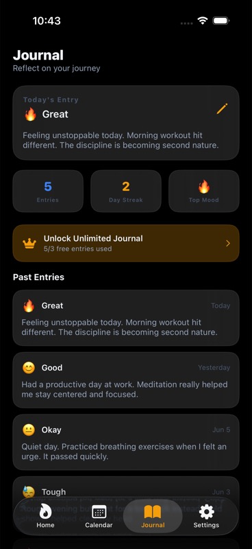 Simulator capture of the Celibacy Tracker journal screen with daily entries and mood stats