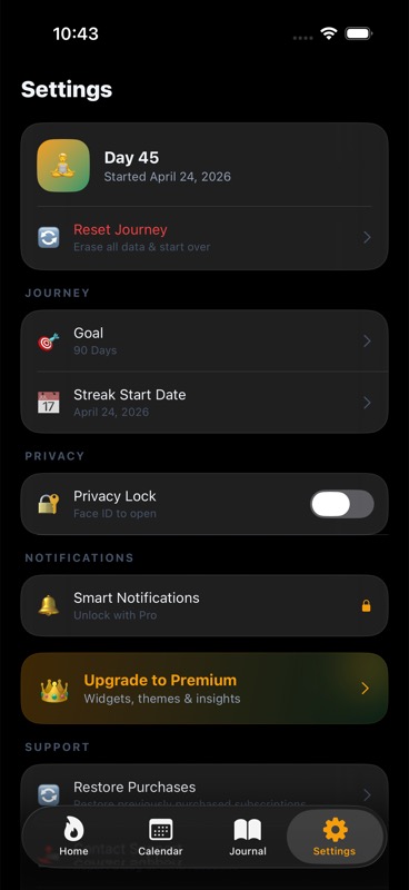 Simulator capture of the Celibacy Tracker settings screen with goal, privacy, and support controls