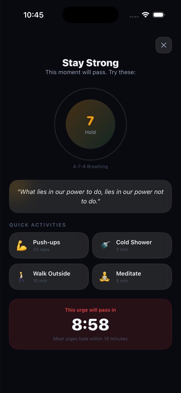 Simulator capture of the Celibacy Tracker SOS screen with breathing support and quick activities